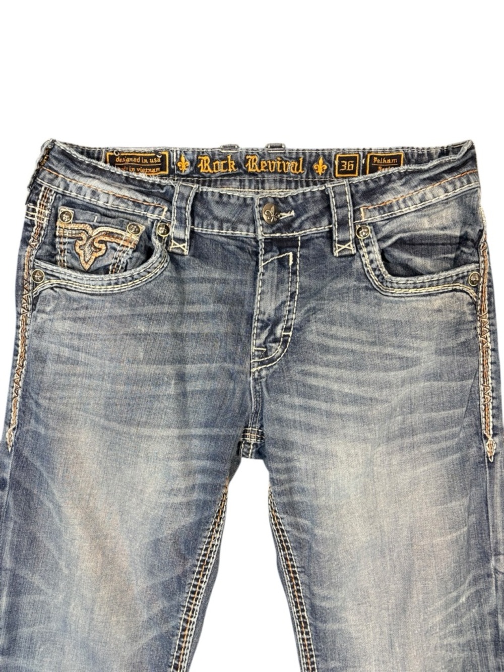 Rock Revival Jeans Sz36 Bootcut Distressed Fleur De Lis Embroidered Thick Stitch - Picture 3 of 16